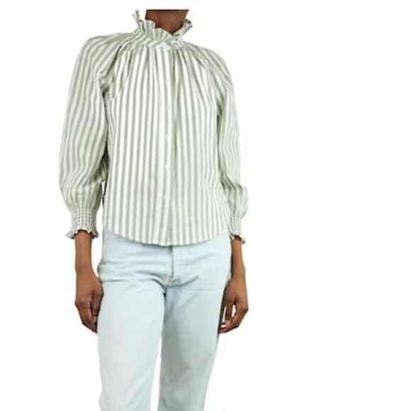 Veronica Beard NWT Calisto Green & Cream Striped Ruffle Collar Shirt $298 - Picture 8 of 12